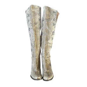 Pierre Dumas Snakeskin Print & Suede Thigh High Western Heeled Boots Size 8.5